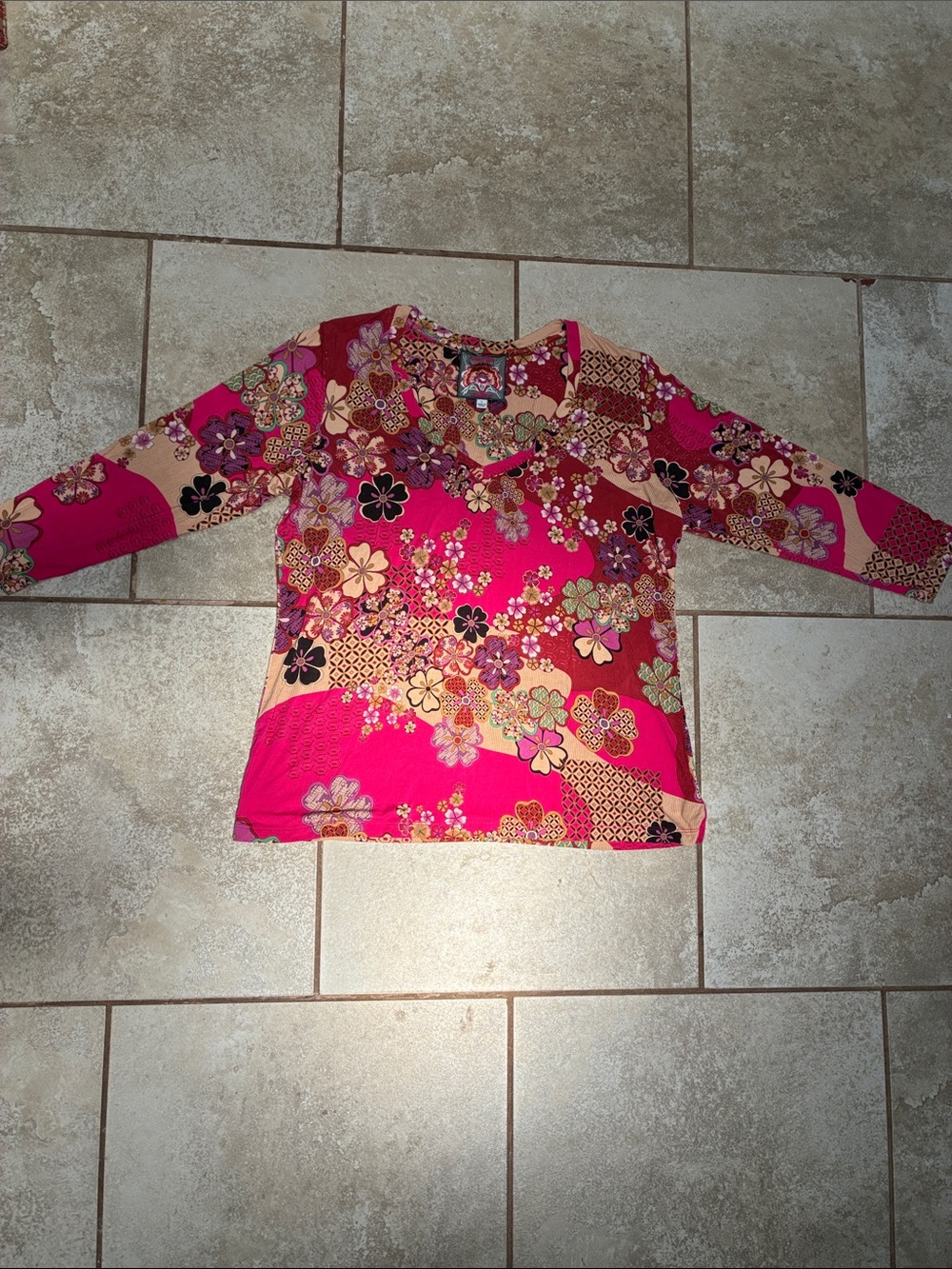 Johnny Was Pink Floral & Geometric Scoop Neck Long Sleeve Top